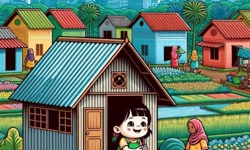 Une illustration destinée aux enfants représentant une petite fille au cœur généreux, vivant dans une maison modeste au toit de tôle ondulée, entourée de champs verdoyants et de maisons colorées dans un quartier pauvre et animé.