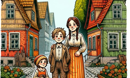 Une illustration destinée aux enfants représentant un petit garçon aux vêtements usés, vivant dans une maison vieille et petite avec sa mère et sa petite sœur, dans un quartier avec des maisons colorées aux toits en pente, entouré de rues pavées et d'arbres verdoyants.