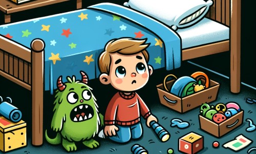 Une illustration pour enfants représentant un petit garçon terrifié par l'obscurité de sa chambre, qui découvre un ami inattendu sous son lit, dans une histoire sur la peur du noir.