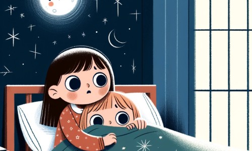Une illustration pour enfants représentant une petite fille apeurée qui doit affronter sa peur du noir dans sa chambre.