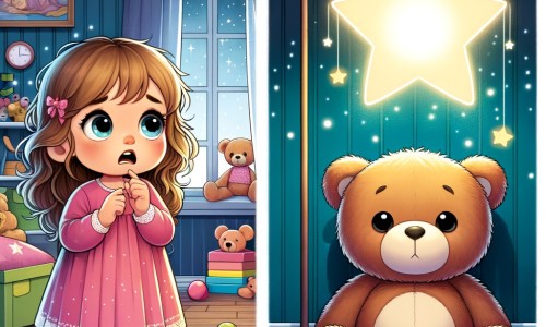 Une illustration destinée aux enfants représentant une petite fille intrépide, confrontée à sa peur du noir, accompagnée d'un adorable doudou, dans une chambre remplie de jouets colorés et éclairée par une douce lueur de veilleuse étoilée.