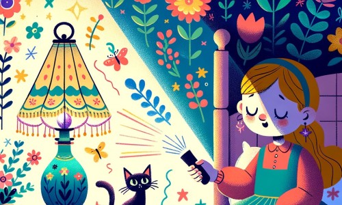 Une illustration destinée aux enfants représentant une petite fille, terrifiée par le noir, qui trouve du réconfort avec une lampe de chevet magique, accompagnée de son chat, dans une chambre remplie de fleurs colorées et d'ombres dansantes.