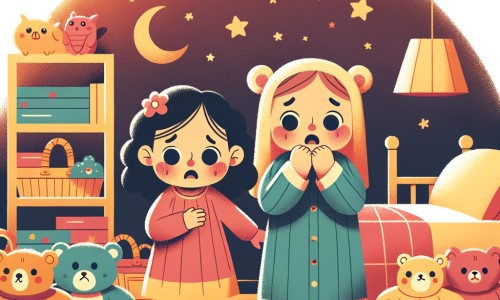 Une illustration destinée aux enfants représentant une petite fille, tremblante et inquiète, confrontée à l'obscurité de la nuit, accompagnée d'une amie bienveillante, dans une chambre chaleureuse remplie de peluches et de jouets colorés.