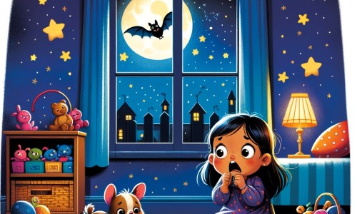 Une illustration destinée aux enfants représentant un petit garçon tremblant de peur dans l'obscurité de sa chambre, avec un petit animal curieux à ses côtés, dans un décor nocturne rempli de jouets, d'étoiles scintillantes et d'une fenêtre ouverte laissant entrevoir une chauve-souris volant dans le ciel étoilé.