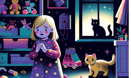 Une illustration pour enfants représentant une petite fille effrayée par le noir, qui apprend à surmonter sa peur grâce à l'aide de sa sœur, dans sa chambre la nuit.