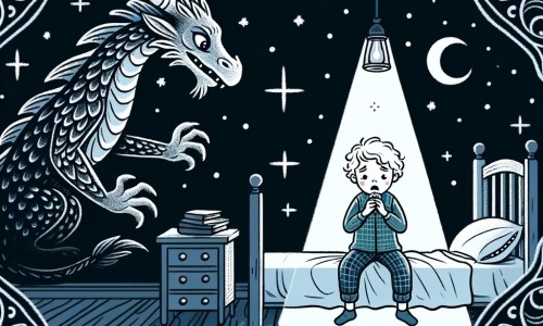 Une illustration destinée aux enfants représentant un petit garçon tremblant de peur, seul dans sa chambre plongée dans l'obscurité, avec pour seul compagnon une veilleuse lumineuse, tandis qu'un dragon sage et bienveillant observe la scène depuis le ciel étoilé.