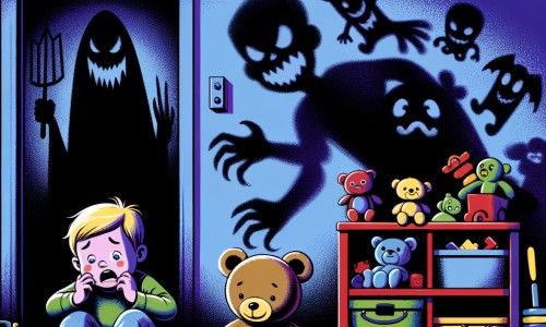 Une illustration destinée aux enfants représentant un petit garçon tremblant de peur dans sa chambre sombre, accompagné d'un adorable ourson en peluche, tandis que des ombres menaçantes se dessinent sur les murs de sa chambre remplie de jouets colorés.