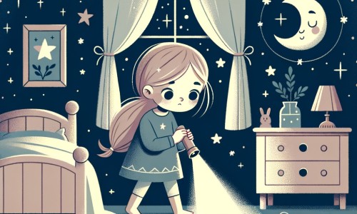 Une illustration destinée aux enfants représentant une petite fille intrépide, plongée dans l'obscurité de sa chambre la nuit, accompagnée d'une petite lampe de poche, découvrant les mystères du noir, entourée d'étoiles scintillantes et d'une lune douce.