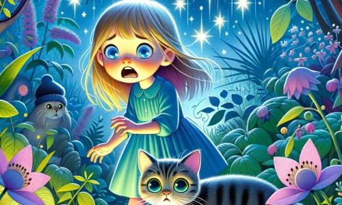 Une illustration pour enfants représentant une petite fille terrifiée par l'obscurité, cherchant réconfort auprès d'un chat mystérieux, dans un jardin secret rempli de plantes et d'étoiles scintillantes.