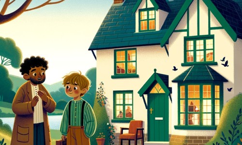 Une illustration pour enfants représentant un petit garçon confronté à sa peur du noir dans la chaleureuse maison de sa grand-mère à la campagne.