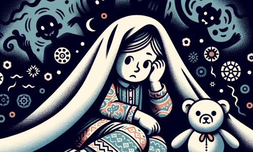 Une illustration destinée aux enfants représentant une petite fille tremblante, cachée sous ses couvertures, avec une peluche douce et réconfortante à ses côtés, dans une chambre sombre remplie d'ombres dansantes.