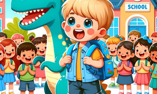 Une illustration destinée aux enfants représentant un petit garçon plein d'excitation, avec son cartable bleu décoré d'un dinosaure, faisant sa rentrée des classes dans une école colorée entourée de joyeux enfants.