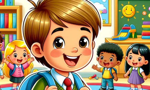 Une illustration destinée aux enfants représentant un petit garçon, tout sourire, vivant sa première journée à l'école, entouré de nouveaux amis, dans une classe colorée remplie de jouets et de livres, avec une cour de récréation animée en arrière-plan.