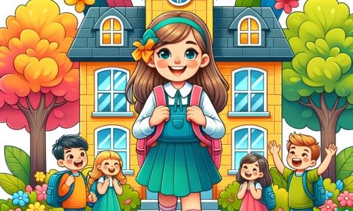 Une illustration pour enfants représentant une petite fille excitée à l'idée de commencer sa nouvelle année scolaire, dans une école animée et pleine de vie.