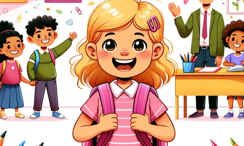 Une illustration pour enfants représentant une petite fille pleine d'enthousiasme qui s'apprête à faire sa rentrée des classes dans une école colorée et animée.