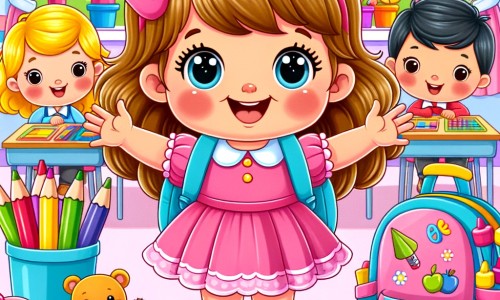 Une illustration destinée aux enfants représentant une petite fille vêtue d'une jolie robe rose, pleine d'excitation, entourée de nouveaux amis, dans une salle de classe colorée remplie de jouets et de crayons de couleur, lors de sa rentrée des classes.