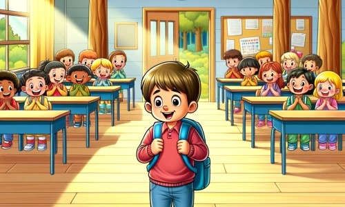 Une illustration destinée aux enfants représentant un petit garçon, anxieux mais curieux, découvrant sa nouvelle classe remplie d'enfants souriants et colorée, dans une école entourée de grands arbres et baignée de la douce lumière du matin.