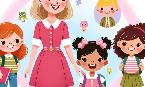 Une illustration destinée aux enfants représentant une petite fille, vêtue d'une robe rose, qui fait sa rentrée des classes dans une école colorée avec une maîtresse souriante et de nouveaux amis.