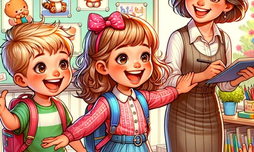 Une illustration pour enfants représentant une petite fille impatiente de découvrir sa nouvelle classe le jour de la rentrée, dans une école colorée et accueillante.