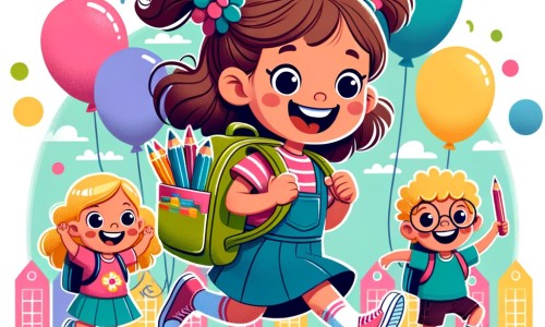 Une illustration pour enfants représentant une petite fille pleine d'enthousiasme pour sa première journée d'école, se déroulant dans une classe colorée et festive.