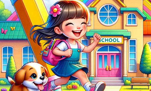 Une illustration destinée aux enfants représentant une petite fille pleine d'entrain, sautillant joyeusement avec son sac d'école, accompagnée d'un adorable chiot, devant une école colorée aux fenêtres en forme de crayons géants et une cour de récréation parsemée de fleurs multicolores.