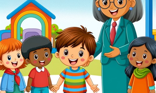 Une illustration destinée aux enfants représentant un petit garçon enthousiaste, entouré de nouveaux amis, dans une école colorée avec une cour de récréation animée et une maîtresse accueillante.