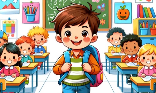 Une illustration destinée aux enfants représentant un petit garçon tout souriant, portant un sac à dos coloré, entouré de ses camarades de classe, dans une salle de classe lumineuse et remplie de dessins colorés accrochés aux murs.