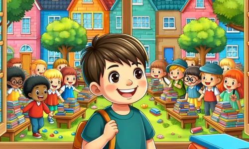 Une illustration destinée aux enfants représentant un petit garçon souriant, entouré de ses amis, qui découvre une salle de classe colorée et remplie de livres, dans une école située au milieu d'une petite ville avec des maisons colorées et des arbres verdoyants.