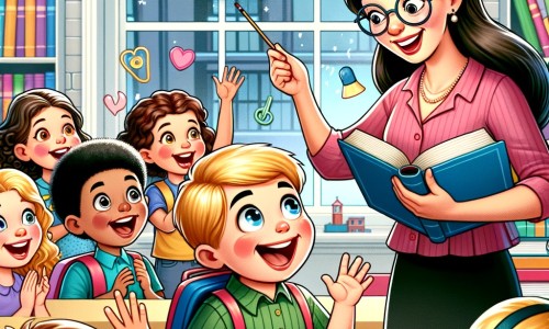 Une illustration destinée aux enfants représentant un petit garçon enthousiaste, accompagné de ses amis, découvrant une nouvelle enseignante dans une salle de classe colorée et remplie de livres, le jour de la rentrée des classes.