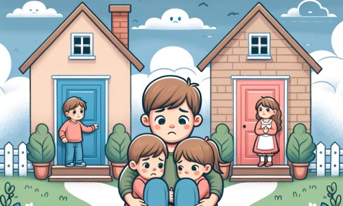 Une illustration pour enfants représentant un petit garçon qui doit apprendre à vivre avec la séparation de ses parents, entre deux maisons différentes.