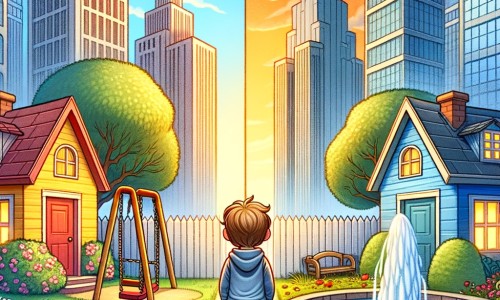 Une illustration destinée aux enfants représentant un petit garçon triste, entouré de deux maisons colorées, une avec un jardin fleuri et une balançoire, l'autre avec des gratte-ciel et une fontaine, symbolisant la séparation de ses parents et les deux lieux où il vit désormais.