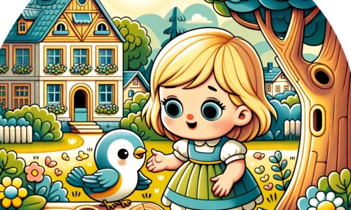 Une illustration pour enfants représentant une petite fille aux cheveux blonds, vivant une séparation familiale, dans un charmant jardin près d'un grand parc.