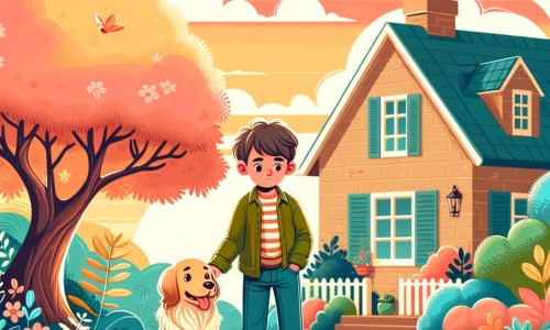 Une illustration destinée aux enfants représentant un petit garçon, les tourments de la séparation de ses parents, accompagné de son fidèle chien, dans un décor chaleureux et coloré d'une maison avec un jardin fleuri et un arbre majestueux.