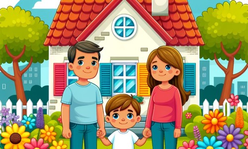 Une illustration destinée aux enfants représentant un petit garçon, entouré de ses parents séparés, vivant dans une petite maison aux volets colorés, avec un jardin rempli de fleurs et d'arbres joyeux.