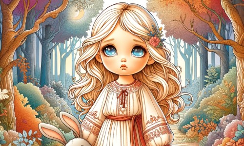 Une illustration destinée aux enfants représentant une petite fille aux cheveux blonds, les yeux brillants de tristesse, qui traverse une forêt enchantée avec son fidèle compagnon, un lapin en peluche, à la recherche d'un chemin vers le bonheur, entre les arbres majestueux aux couleurs automnales.