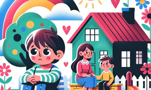 Une illustration pour enfants représentant un petit garçon qui déménage avec sa maman dans une nouvelle maison sans jardin après la séparation de ses parents.