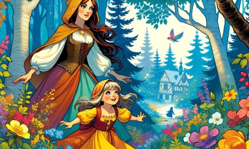 Une illustration destinée aux enfants représentant une petite fille perdue dans une forêt enchantée, accompagnée de sa mère, cherchant leur chemin vers une nouvelle maison pleine de couleurs et de fleurs.