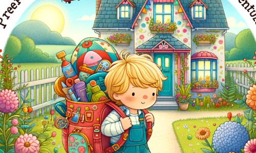 Une illustration destinée aux enfants représentant un petit garçon aux cheveux blonds, portant un sac à dos rempli de jouets, dans une maison colorée avec un grand jardin fleuri, se préparant à partir chez son papa pour un week-end rempli d'aventures.