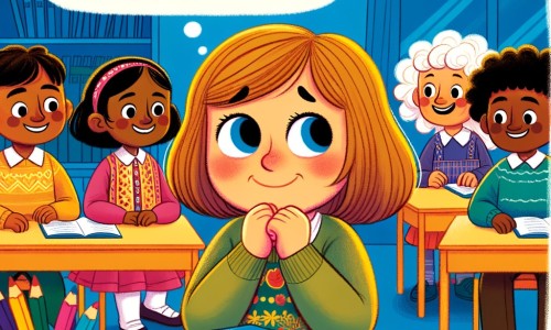 Une illustration destinée aux enfants représentant une petite fille timide et inquiète, entourée d'enfants joyeux dans une salle de classe colorée, où elle se lie d'amitié avec un garçon issu d'une autre culture.