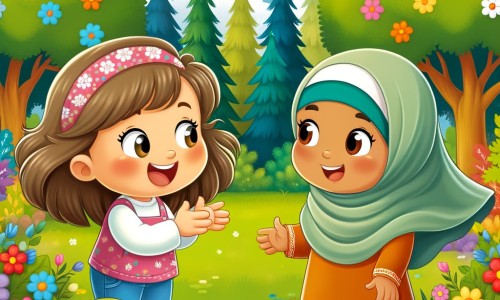 Une illustration pour enfants représentant une petite fille curieuse et joyeuse qui rencontre une nouvelle amie portant un hijab dans un parc, ce qui l'amène à apprendre une leçon importante sur la tolérance.