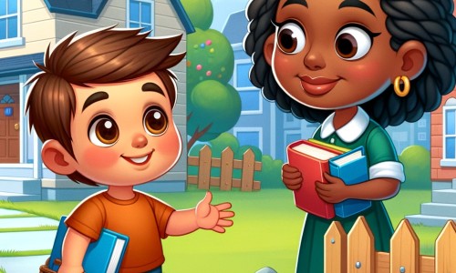 Une illustration destinée aux enfants représentant un petit garçon curieux, accompagné d'un nouveau voisin bibliothécaire aux cheveux noirs et à la peau brune, dans un quartier coloré et animé avec une petite maison et une clôture en bois.
