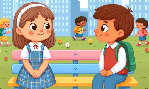 Une illustration destinée aux enfants représentant une petite fille timide et curieuse, faisant face à sa première journée d'école dans une ville inconnue, où elle rencontre un nouvel ami, un garçon au sourire chaleureux, sur un banc coloré dans une cour d'école remplie de rires et de jeux.