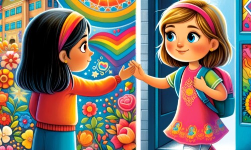 Une illustration destinée aux enfants représentant une petite fille pleine de vie, confrontée à une nouvelle école colorée et accueillante, où elle rencontre une nouvelle élève venant d'un pays lointain et apprend à travers leur amitié la valeur de la tolérance.