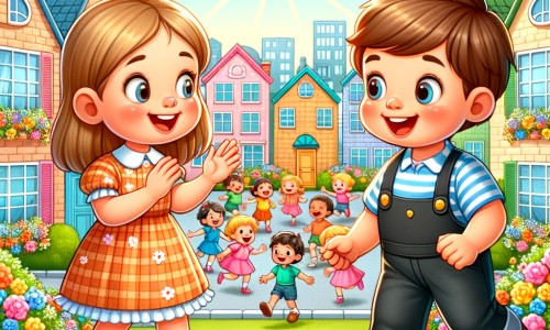 Une illustration pour enfants représentant un jeune aventurier curieux découvrant de nouveaux amis, dans un quartier animé et coloré.