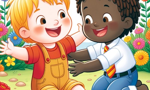 Une illustration pour enfants représentant un petit garçon curieux et plein de joie découvrant une nouvelle amitié dans un jardin rempli de couleurs.