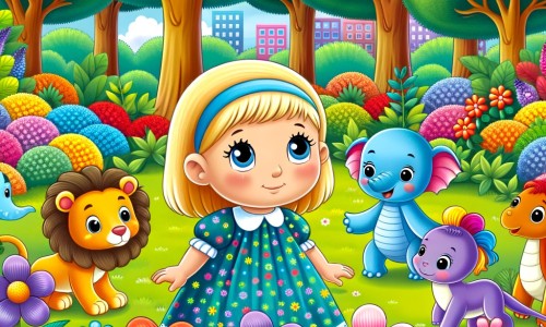 Une illustration destinée aux enfants représentant une petite fille curieuse, entourée de ses nouveaux amis aux couleurs vives, dans un parc verdoyant rempli de fleurs multicolores et d'arbres majestueux.