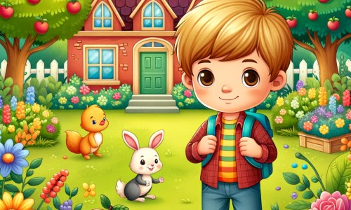 Une illustration destinée aux enfants représentant un petit garçon curieux, entouré de nouveaux amis, qui se retrouve dans un jardin fleuri avec des arbres fruitiers et une maison colorée en arrière-plan.
