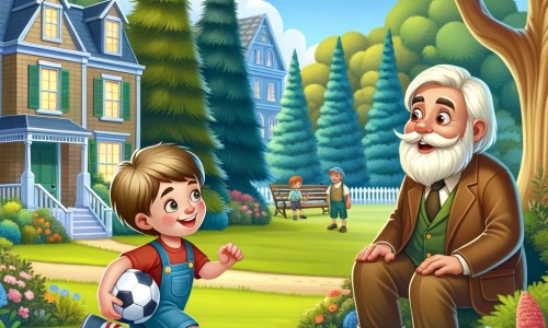 Une illustration destinée aux enfants représentant un petit garçon curieux, faisant la connaissance d'un nouveau voisin passionné de football, dans un parc verdoyant entouré de grands arbres et de fleurs colorées.