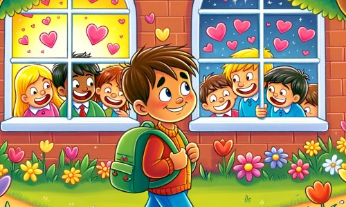 Une illustration pour enfants représentant un petit garçon qui, après avoir déménagé dans une nouvelle ville, apprend la tolérance et l'amitié avec un camarade de classe différent dans son école.
