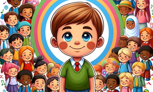 Une illustration destinée aux enfants représentant un petit garçon joyeux et curieux, entouré d'enfants de différentes origines, dans une cour d'école colorée et animée, où règne un sentiment d'amitié et de tolérance.